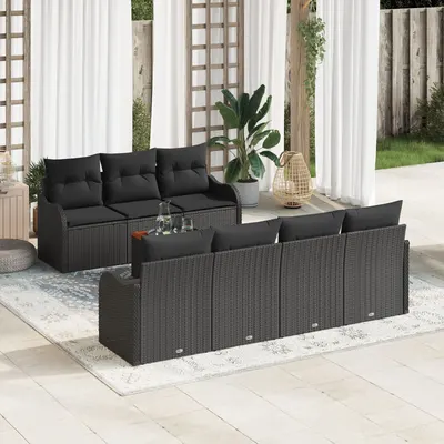 Set de canapea de gradina Gossi cu 8 piese cu perne negru poliratan acacia, canapea de gradina Gossi cu 2 locuri cu spatiu de depozitare si perne negru poliratan