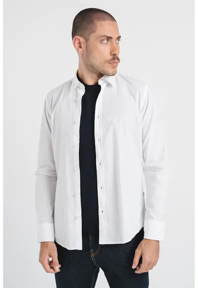 Camasa regular fit de bumbac cu logo brodat - Alb optic