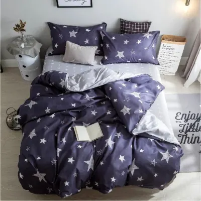 Lenjerie pat dublu, bumbac satinat, cearsaf clasic, 4 piese, Bleumarin, stelute