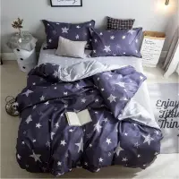 Lenjerie pat dublu, bumbac satinat, cearsaf clasic, 4 piese, Bleumarin, stelute
