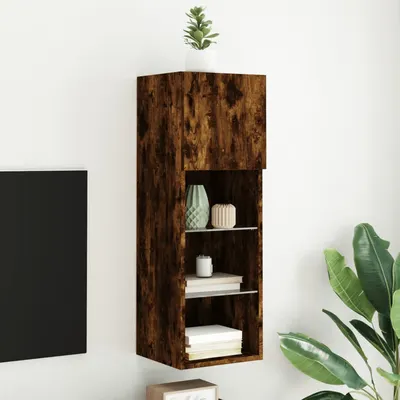 vidaXL Comodă TV cu lumini LED, stejar fumuriu, 30,5x30x90 cm