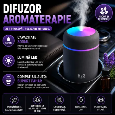 Umidificator de aer cu ultrasunete, difuzor aromaterapie 300ML, cu iluminat LED, pentru casa, birou si masina STH-4