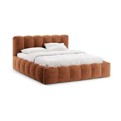 Pat matrimonial teracotă tapițat cu spațiu de depozitare cu somieră 200x200 cm Lupine – Micadoni