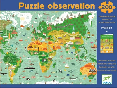 Puzzle de observare Djeco de 200 piese - In jurul lumii, cu carte