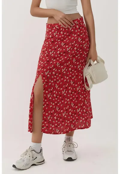 Fusta midi - talie inalta - imprimeu floral - rosu - poliester