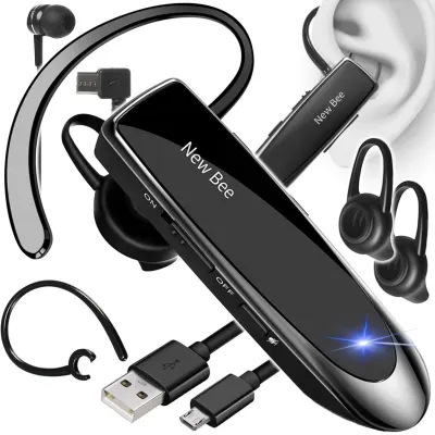 Casca Bluetooth Wireless New Bee, Bluetooth 5.0, Functie dubla de reducere a sunetului din exterior, Autonomie 24 ore, Conectare la doua dispozitive