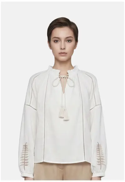 Bluza-tunica cu detalii cu perforatii si broderie - Alb