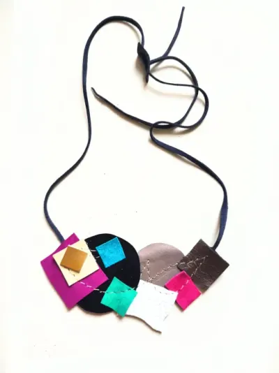 Colier statement multicolor din piele naturala asimetric, unicat