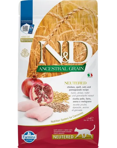 FARMINA N&D Hrana pentru pisici adulte castrate si sterilizate, cu cereale, pui si rodie - 1,5 kg