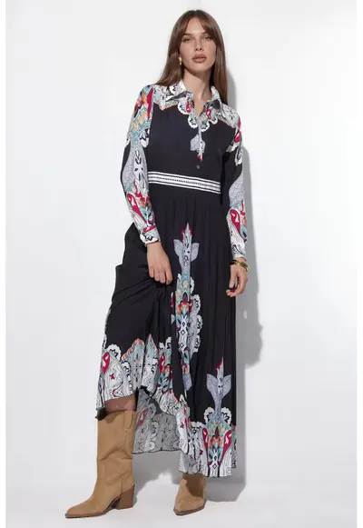 Rochie Maxi - cu maneci lungi - neagra - poliester cu lycra