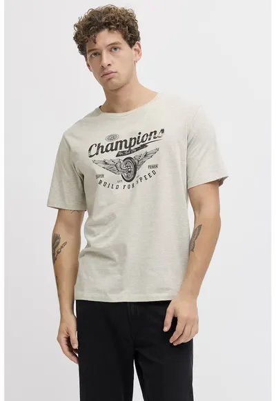 Tricou de bumbac cu imprimeu text - Gri deschis melange