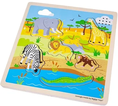Puzzle din lemn cu sunete Bigjigs - Safari, 6 piese