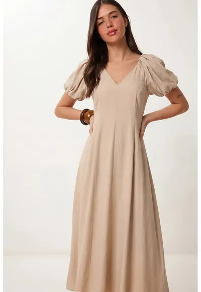 Rochie Midi A-line Femei Happiness Istanbul - Bej Natural - Casual - 50% bumbac - 50% poliester