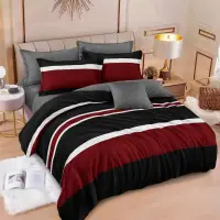 Lenjerie pat dublu cu ELASTIC, Finet, 6 piese, Rosu-Negru, dungi