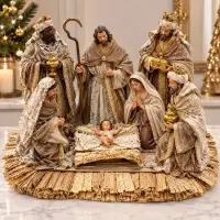 Statuetă Nașterea Domnului Premium din Rășină, Set cu 7 Figurine, 23 × 24 × 40 cm, Decor Crăciun Crem-Auriu