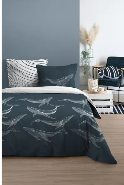 Set pentru dormitor Stof - Whales, 3 piese, 100% bumbac, 240 x 220 cm, Navy