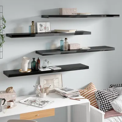 Gossi rafturi de perete 4 buc. negru extralucios 120x23,5x3,8 cm mdf