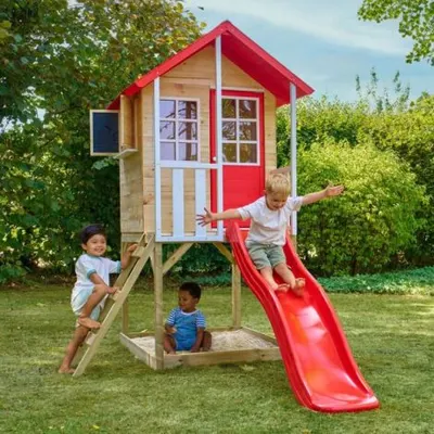 Casuta de gradina TP TOYS, Poppy Cottage, cu platforma cu loc de nisip si tobogan, lemn, rosu/maro/alb