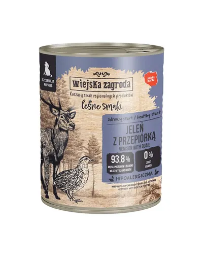 WIEJSKA ZAGRODA hrană umedă pentru căței cu cerb și prepeliță (Gusturi de Pădure) 6x800 g