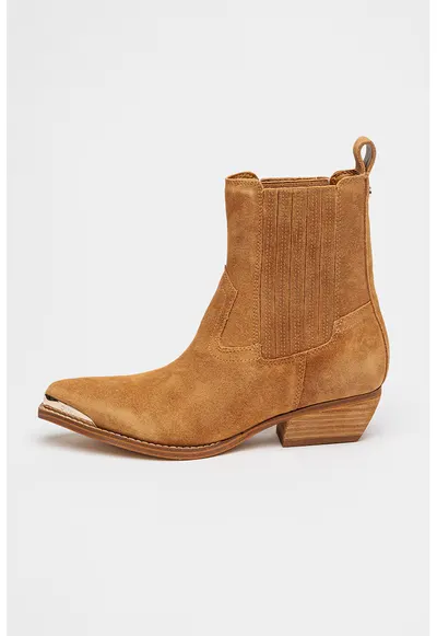 Botine de piele intoarsa cu toc cubanez Lanna - Maro deschis