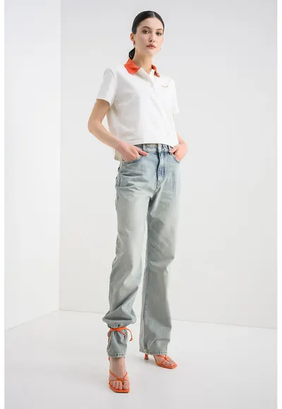 Tricou polo crop Mirta - Alb/Portocaliu
