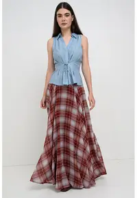 Fusta maxi evazata cu model in carouri - Visiniu/Ecru
