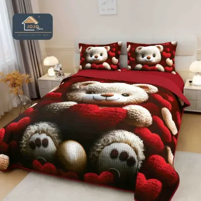 Cuvertura Matlasata, Bumbac Finet, cu Imprimeu 5D, 220x240cm + 2 fete de perna 50x70cm, Rosu, Ursulet, Inimioare