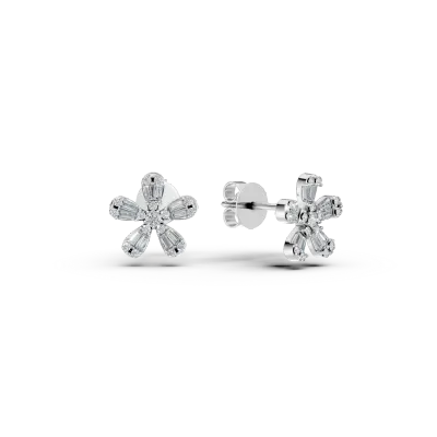 Cercei flori din aur alb cu diamante baguette si rotunde de 0.35ct
