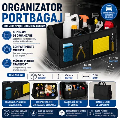Organizator auto pliabil pentru portbagaj, Compartimente multiple, Pereti rigidizati, Manere de transport si buzunare suplimentare, Ideal pentru accesorii auto, cumparaturi, excursii si camping, 52 x 37 x 25.5 cm, Negru