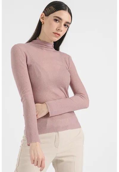 Bluza de lana cu guler inalt - Roz prafuit