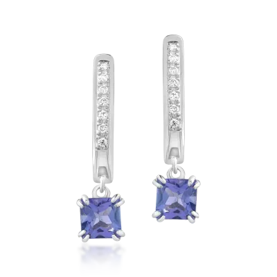 Cercei din aur alb cu tanzanite princess de 0.775ct si diamante de 0.05ct