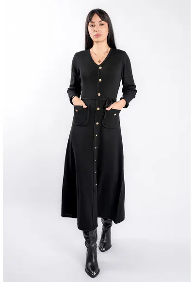 Rochie Black cu nasturi aurii si cordon impletit - Negru