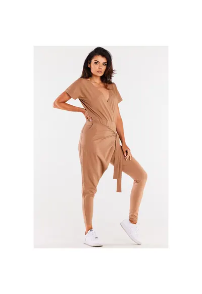 Salopeta din bumbac in stil streetwear cu maneci scurte - - Bej