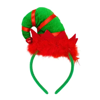 Bentiță pentru Crăciun, spiriduș verde cu pene și clopoței, Xmas
