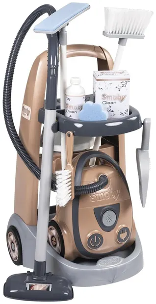 Set de joacă Smoby - Cărucior de curățenie cu aspirator Rowenta, cu 8 accesorii