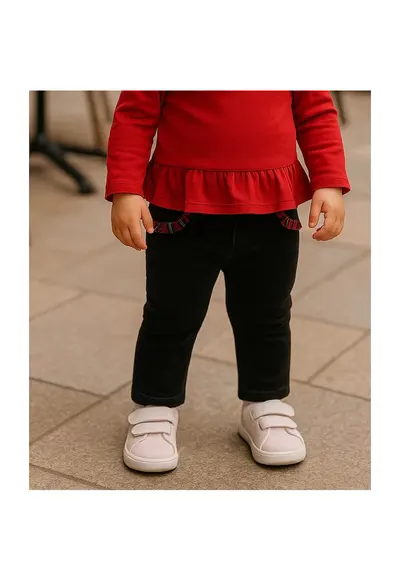 Pantaloni cu volan rosu la buzunare - Stuart - Negru - pentru fetite - Negru