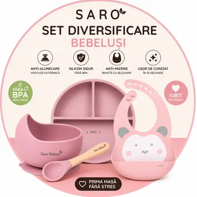 Set diversificare bebelusi Saro Roz farfurie din silicon, bol cu ventuza, baveta, lingurita ergonomica si cana pentru antrenament