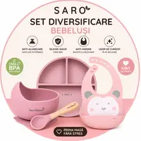 Set diversificare bebelusi Saro Roz farfurie din silicon, bol cu ventuza, baveta, lingurita ergonomica si cana pentru antrenament