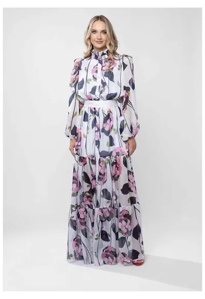 Rochie lunga cu guler inalt si imprimeu floral pictural