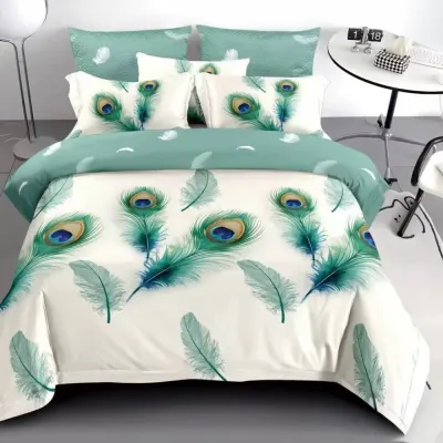 Lenjerie pat dublu, Finet, 6 piese, Alb, Verde, pene paun