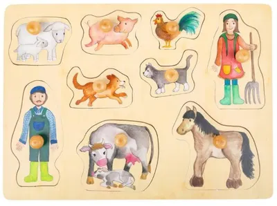 Puzzle din lemn cu manere Small Foot - Animalele din ferma, 9 piese