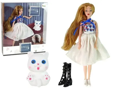 Păpuşă Lean Toys - Emily, cu fustă albă și pisicuță albă, 30 cm