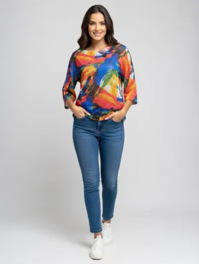 Bluza cu maneca fluture trei sferturi si imprimeu pete de culoare picturale vibrante