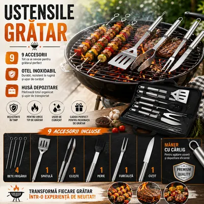 Set 9 Ustensile Gratar, Otel Inoxidabil, Husa Inclusa
