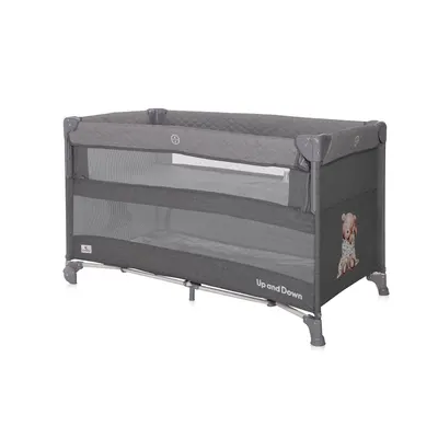 Patut pliabil Up and Down Cool Grey Bear cu laterala culisanta, sistem side-sleeping, cu 2 nivele, usa laterala cu fermoar, saltea si geanta de transport incluse