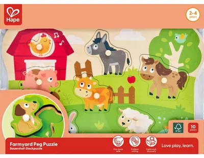 Puzzle educativ din lemn Hape - Fermă, 10 piese