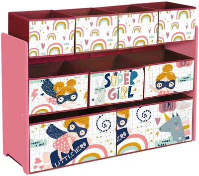 Organizator etajeră pentru jucării și cărți Ginger Home - Super Girl, cu 9 cosuri
