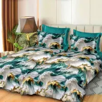 Lenjerie de pat cu 2 cearsafuri pt. pilota, 7 piese, Bumbac Satinat Superior, Verde, Gri, abstract