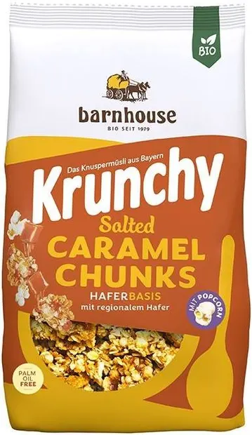 Muesli crocant organic din ovăz cu caramel și popcorn, 500 g, Barnhouse