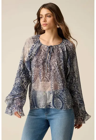 Bluza semitransparenta cu maneci cu volane - Gri/Albastru